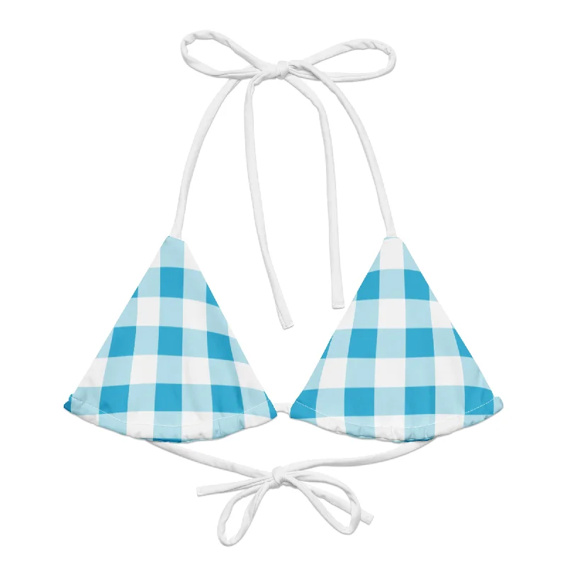 Aqua Blue and White Gingham String Bikini Swimsuit Top Push-Up Bikini Bottoms