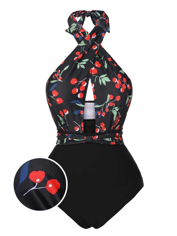 Black 1950s Cross Halter Cherry Swimsuit Plus-Size Bikini Set