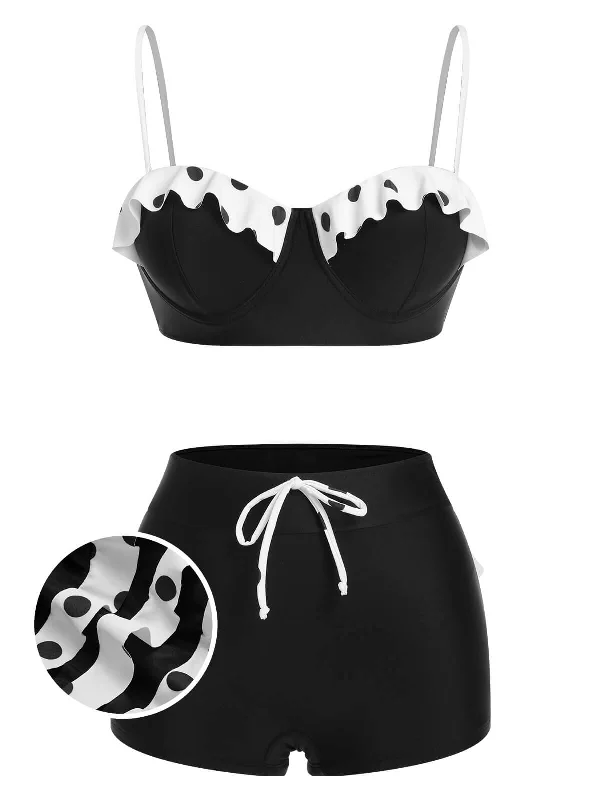 Black White 1950s Dots Layered Strap Swimsuit Retro-Inspired Bikini Set