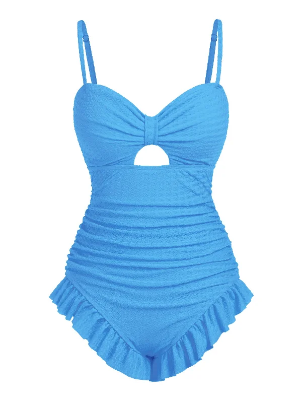 Blue 1950s Solid Ruched Swimsuit Chic Beach Cover-Up