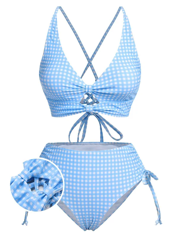 Blue 1950s Spaghetti Strap Plaids Swimsuit Button-Front Swimsuit