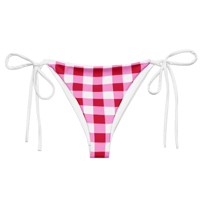 Cherry Red, White and Pink Gingham String Bikini Swimsuit Bottoms Comfortable Swim Dress