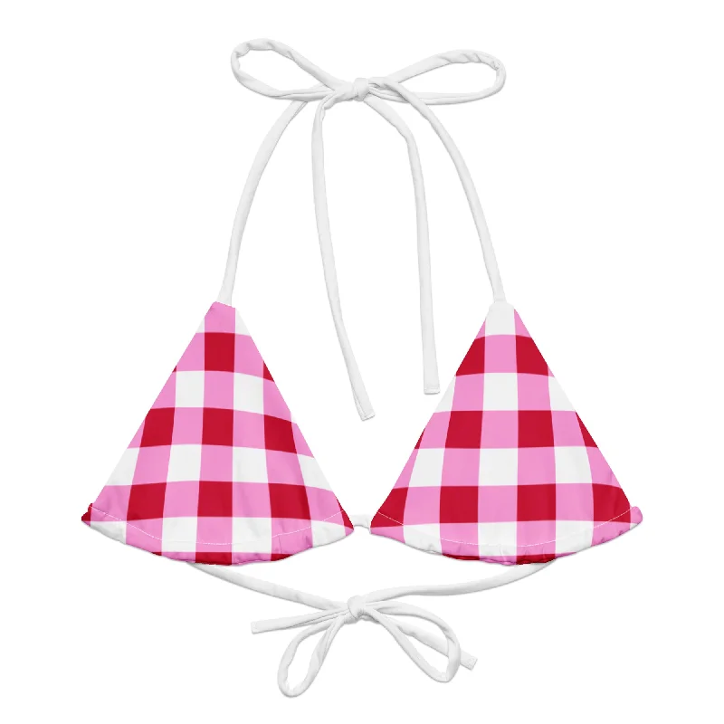 Cherry Red, White and Pink Gingham String Bikini Swimsuit Top V-Neck Swim Dress