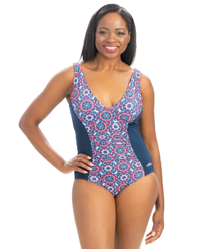 Dolfin Women's Aquashape Mosaic V-neck Front Panel Chlorine Resiatant One Piece Swimsuit Mosaic Tie-Back Swimwear