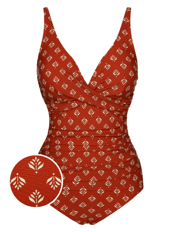 Fire Brick Red 1940s Leaves V-Neck Swimsuit Bold Swimsuit Design