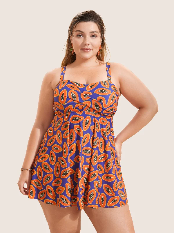 Fruit & Vegetable Print Crossover Cami Swim Dress Reversible Bikini Set