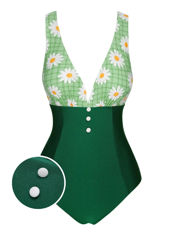 Green 1940s Daisy Patchwork One-Piece Swimsuit Stylish Swimsuit Set