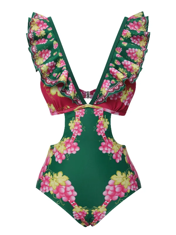 Green 1950s Retro-Flowers V-Neck Swimsuit Trendy Swimwear Set