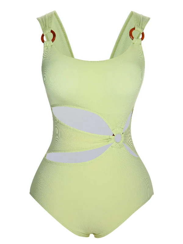 Green 1950s Solid Waist Cutout Ring Swimsuit Trendy Swimsuit Bottoms