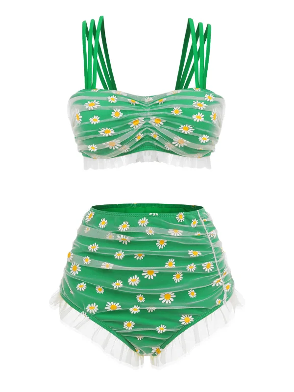 Green 1950s Summer Daisy Strap Swimsuit Vibrant Bikini Bottoms