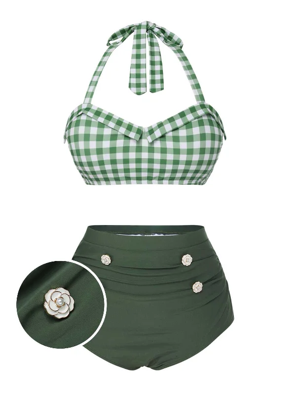 Green Gray 1940s Halter Plaids Swimsuit Quick-Dry Tankini