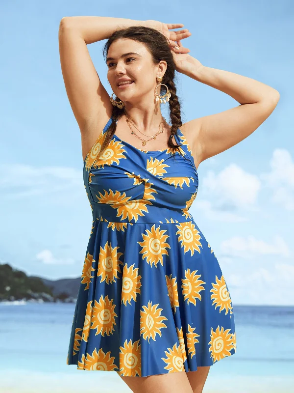 Heart Neckline Sun Print Crossover Swim Dress Halter Neck Swimsuit