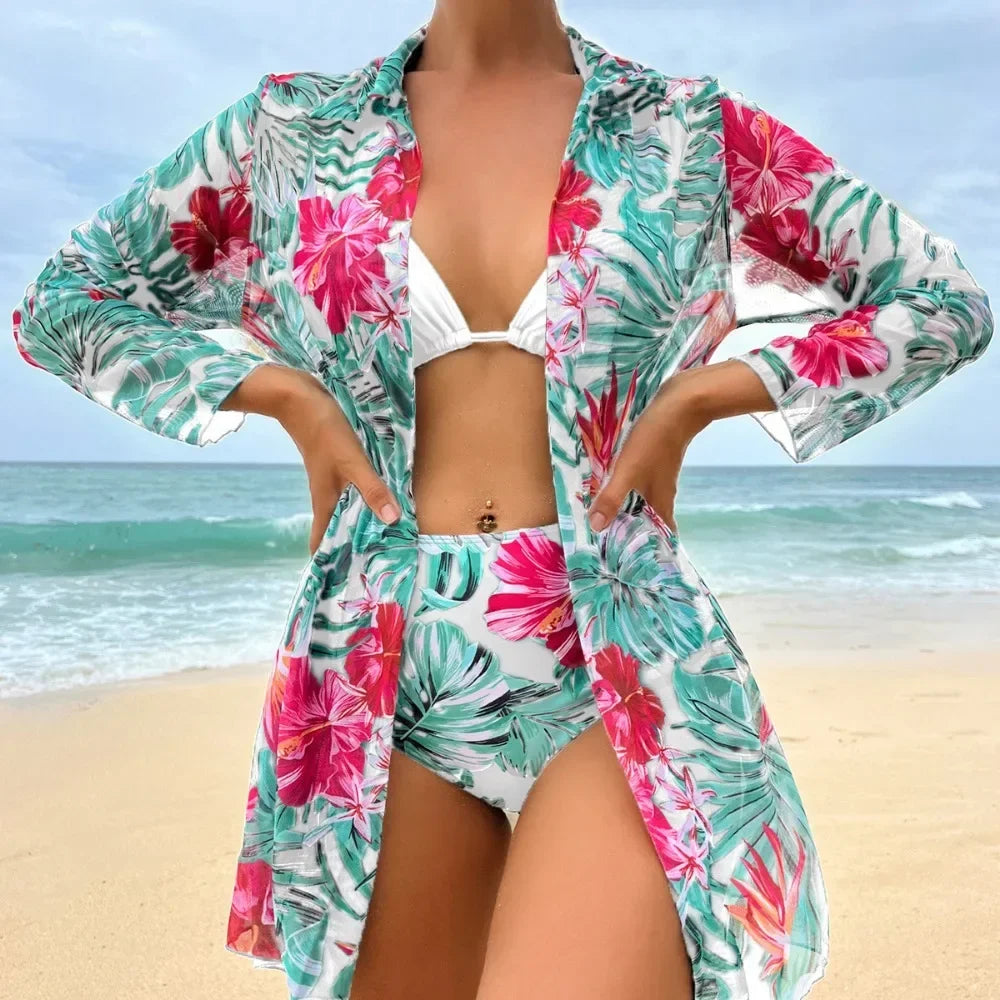 High Waist Tropical Print Three Pieces Bikini Women 2024 Cover Up Swimwear Biquini Bathing Swimsuit Summer Ready Swimsuit