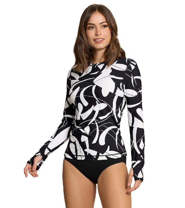 Jantzen x BloqUV Women's Botanical Domino 24/7 Swim Rash Guard Black Tropical Print One-Piece