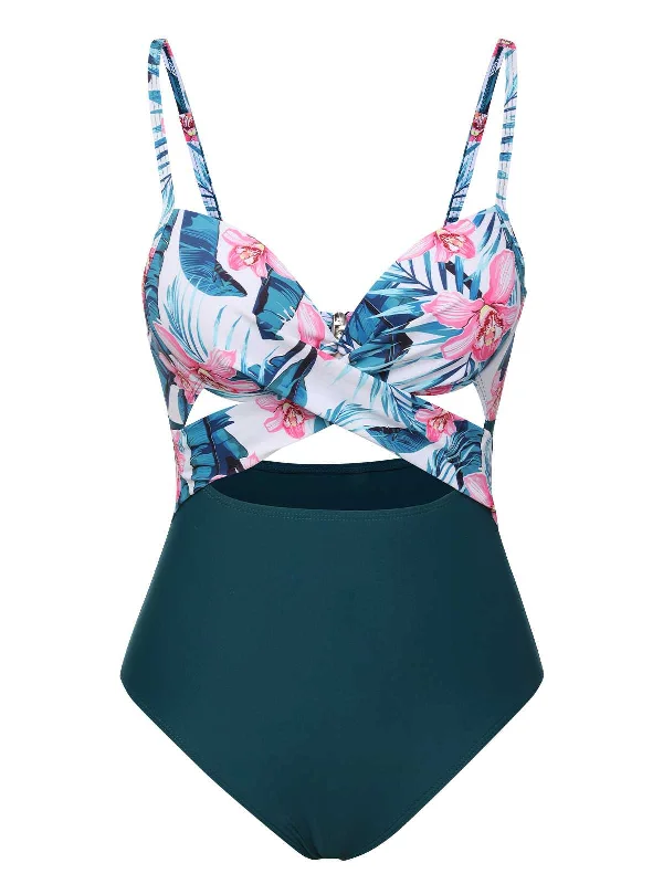 Lake Green 1930s Spaghetti Strap Floral Swimsuit Push-Up Bikini Top