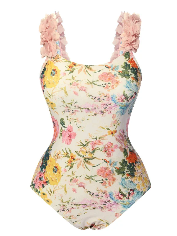 Multicolor 1950s 3D-Flowers Spaghetti Straps Swimsuit High-Waisted Swim Bottoms