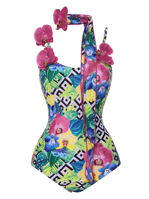 Multicolor 1950s Halter Artificial Flowers Swimsuit Lace Back Bikini