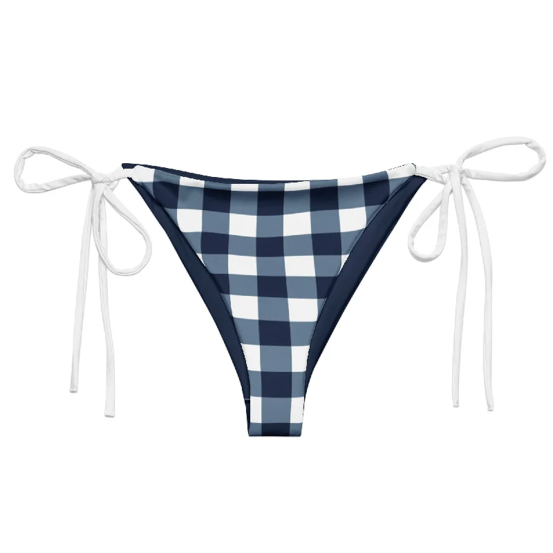 Navy Blue and White Gingham Check String Bikini Swimsuit Bottoms Strap Bikini Set