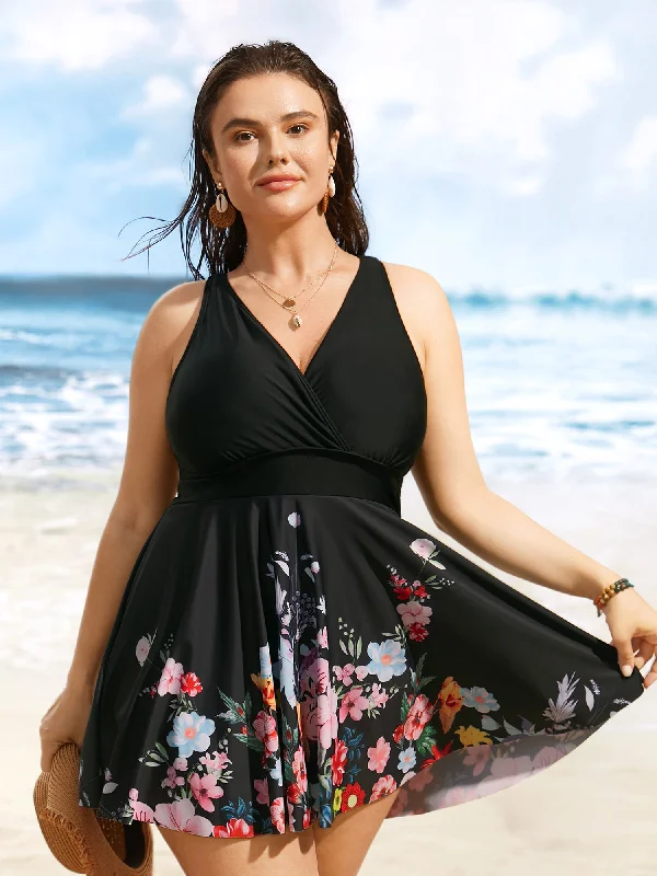 Overlap Collar Natural Flowers Gathered Swim Dress Soft Beachwear Set