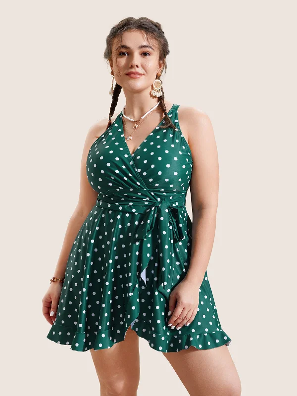 Overlap Collar Polka Dot Tie Knot Ruffles Swim Dress Tropical Print Bikini