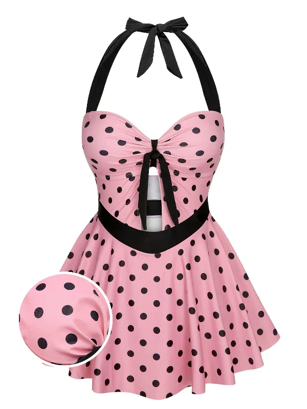 Pink 1950s Halter Polka Dots One-Piece Swimsuit Comfortable Tankini Set