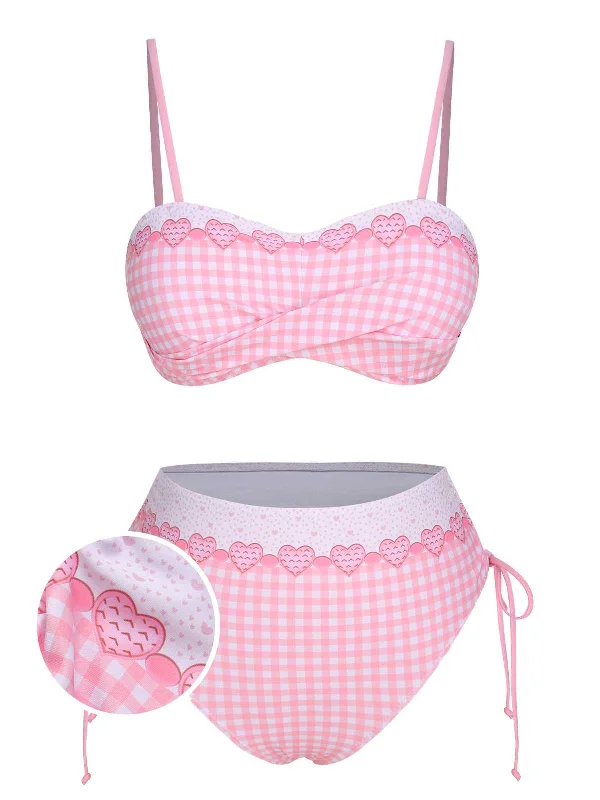 Pink 1950s Spaghetti Strap Heart Plaids Swimsuit Push-Up Bikini Top