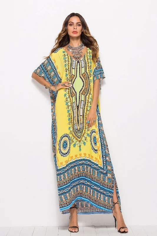 Printed V-Neck Side Slit Maxi swimsuit coverup Dress Chic Beach Cover-Up