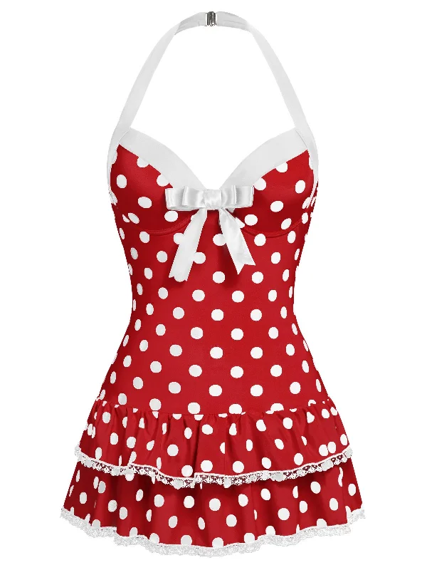 Red 1940s Polka Dots Halter One-Piece Swimsuit Swim Dress with Belt