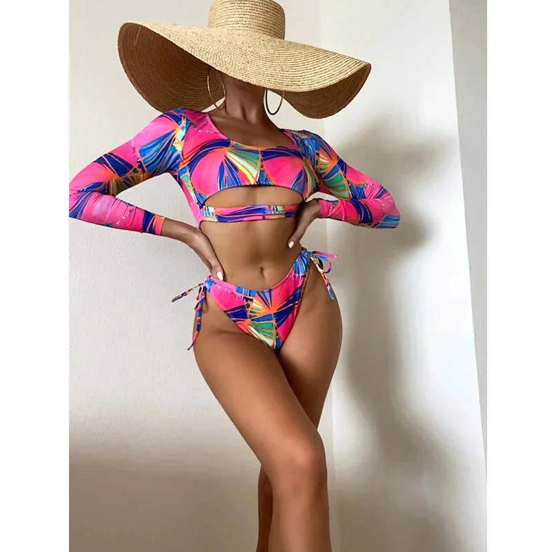 Sexy Floral Print Pink Two Pieces Bikini Women Swimwear Elegant Ruffle Swimsuit