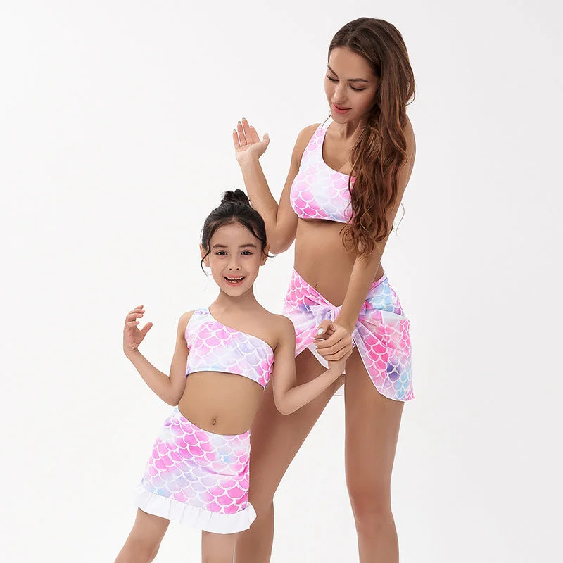 Sexy One Shoulder Mother and Daughter Two Pieces Swimwear Swimsuit with Skirt