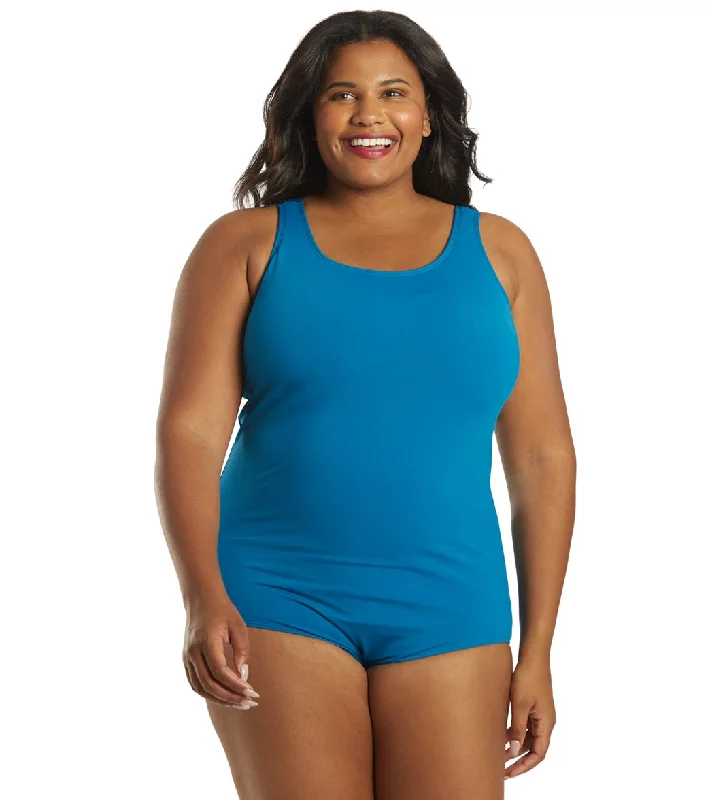 Sporti Plus Size HydroLast Chlorine Resistant Conservative Scoop Back One Piece Swimsuit Teal Comfortable Swim Shorts