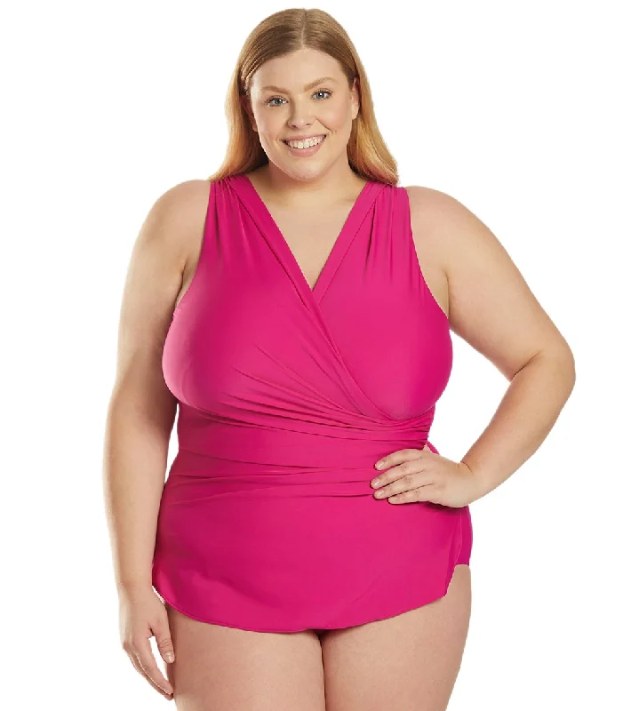 Sporti Plus Size Isabella Tummy Control Wrap One Piece Swimsuit Magenta High-Cut One-Piece