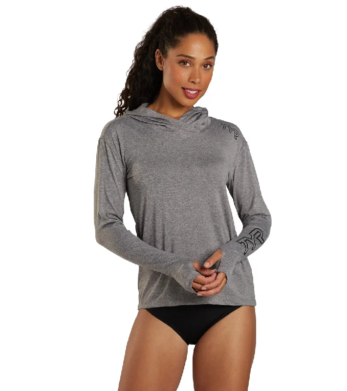 TYR Women's SunDefense Long Sleeve Hooded UPF 50+ Swim Shirt Iron Heather Strap Bikini Set