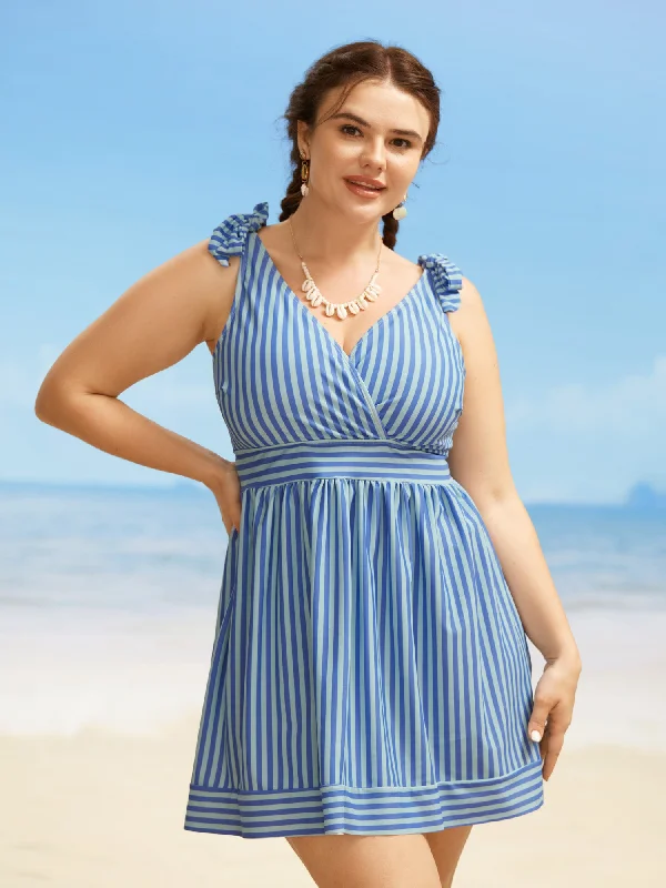 V Neck Striped Tie Knot Gathered Swim Dress Playful Pattern Swimsuit