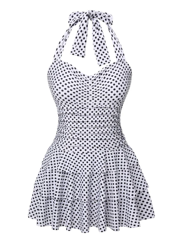 White 1940s Polka Dot Halter Skirted Swimsuit Bold Swimsuit Design