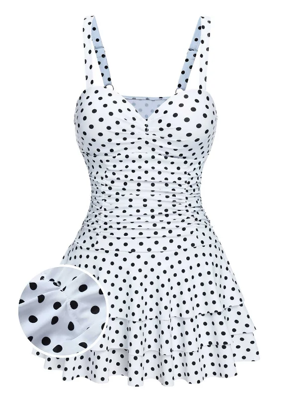 White 1950s Spaghetti Strap Polka Dots Swimsuit Swimsuit with Skirt