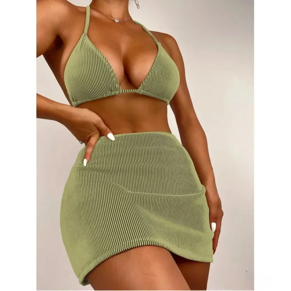 Skirt Ribbed Halter Bikini Female Women Swimwear Three-pieces Bikini Set Bather Bathing Swimsuit Classic One-Piece