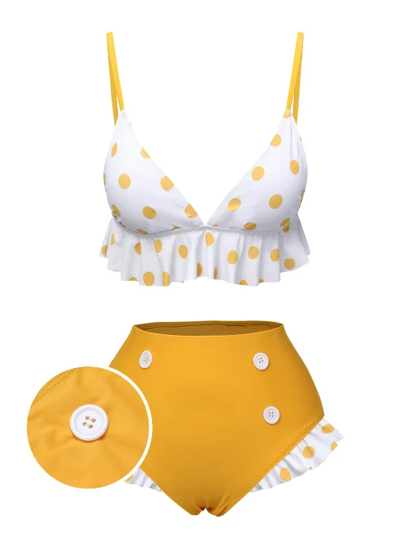 Yellow 1940s Polka Dot Ruffle Swimsuit Ruched Swimwear Set