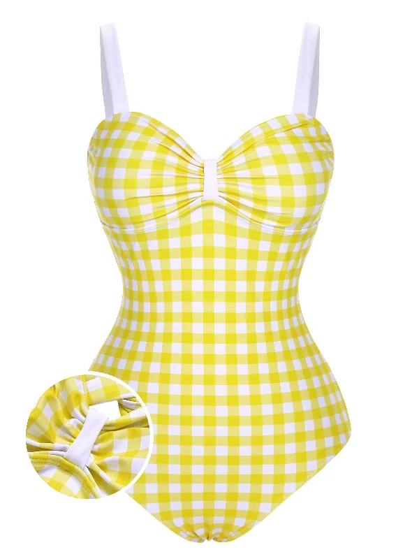 Yellow 1950s Plaid Strap Pleated Swimsuit Monokini Swimsuit Design