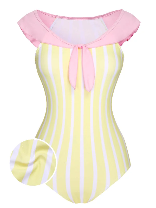 Yellow & Pink 1940s Stripe One-Piece Swimsuit Button-Front Swimsuit