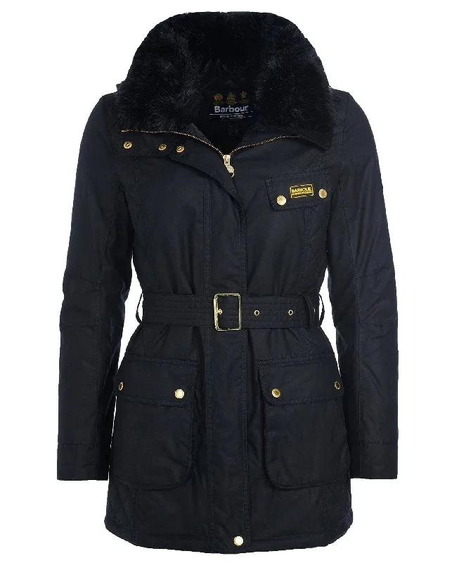 Barbour Women's International Charade Wax Jacket - Black A-Line Jacket Boat Neck Shawl Collar Barbour Women's International Charade Wax Jacket - Black A-Line Jacket Boat Neck Shawl Collar