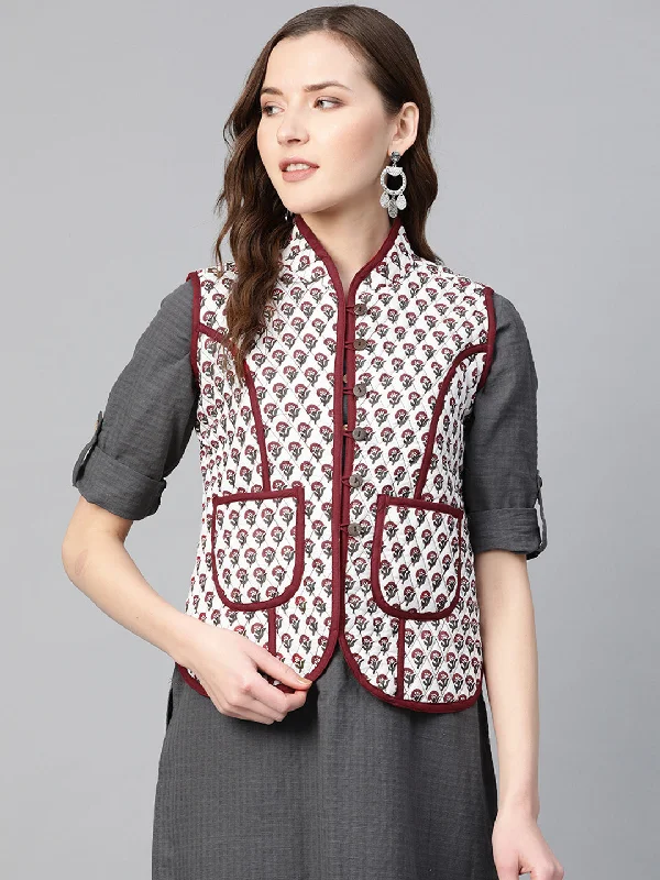 Women Off-White & Maroon Printed Lightweight Quilted Jacket Print Jacket Jacquard Jacket Embroidered Jacket Women Off-White & Maroon Printed Lightweight Quilted Jacket Print Jacket Jacquard Jacket Embroidered Jacket