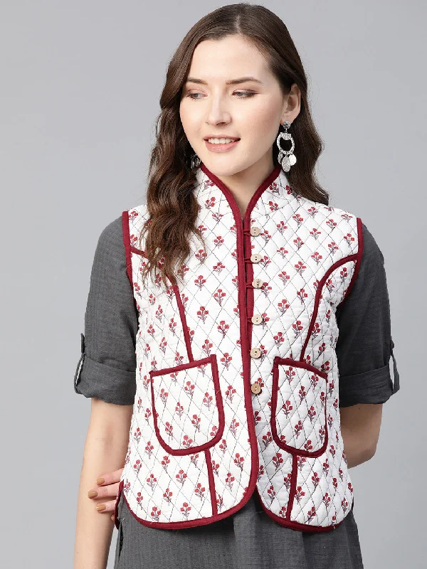 Quilted Jacket In Printed Fabric, Has A White Lining And Mehroon Piping Detailing On Collar And Pocket,Has 2 Pockets And Mandarin Collor Denim Jacket Leather Jacket Suede Jacket Quilted Jacket In Printed Fabric, Has A White Lining And Mehroon Piping Detailing On Collar And Pocket,Has 2 Pockets And Mandarin Collor Denim Jacket Leather Jacket Suede Jacket