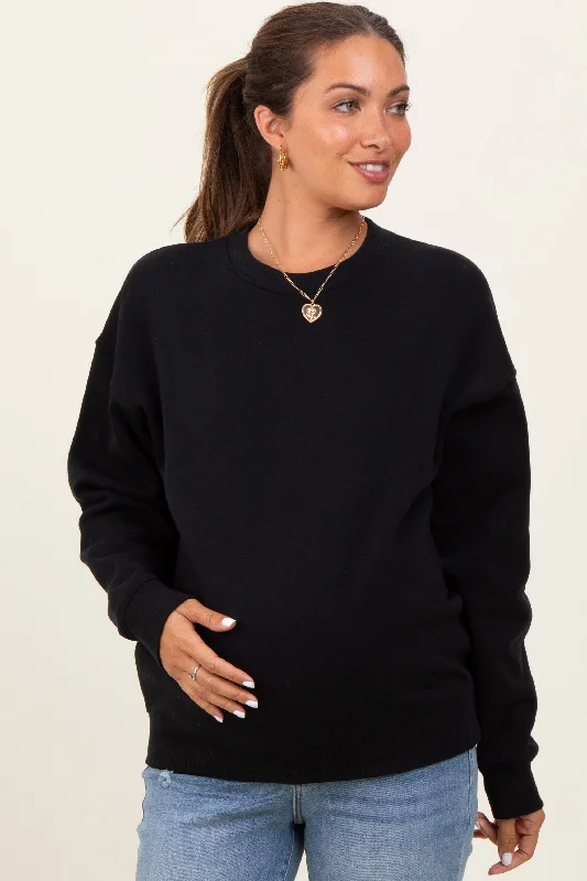 Black Fleece Crew Neck Relaxed Fit Maternity Sweatshirt Hoodie with Distressed Vintage Worn