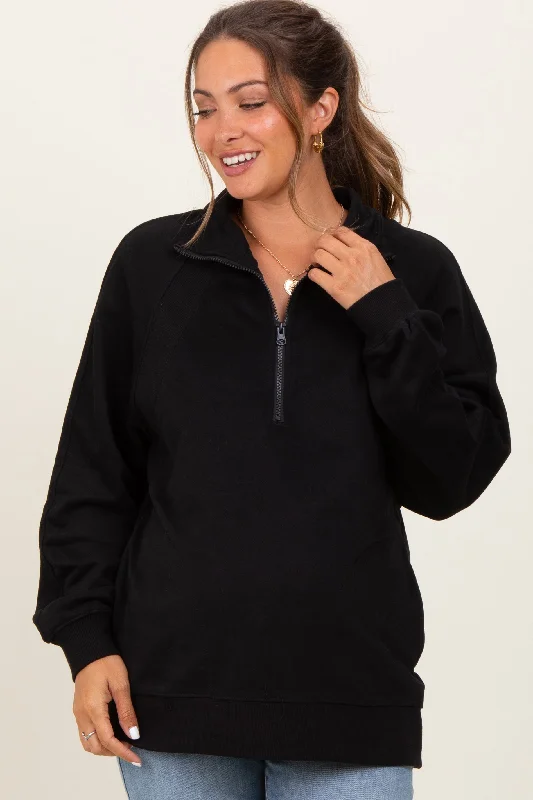 Black Half Zip Contrast Rib Sweatshirt Maternity Top Hoodie with Puffed Sleeves Voluminous Trendy