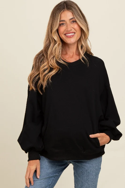 Black Oversized Balloon Sleeve Maternity Sweatshirt Hoodie with Print Artistic Unique