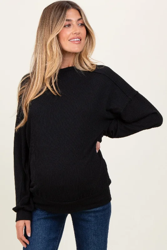 Black Oversized Ribbed Long Sleeve Maternity Sweatshirt Hoodie with Patch Decorative Personalized