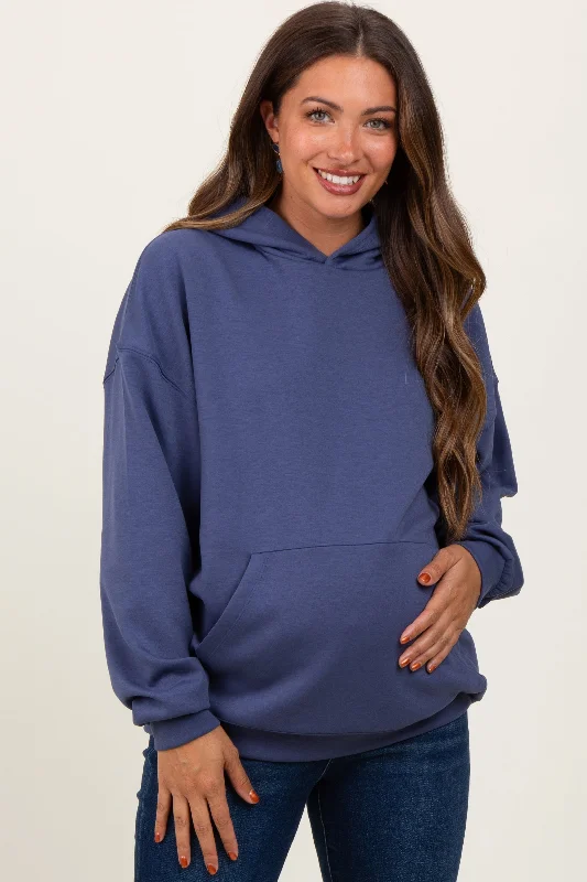 Blue Basic Maternity Hoodie Sweatshirt Hoodie with Hem Detail Decorative Unique