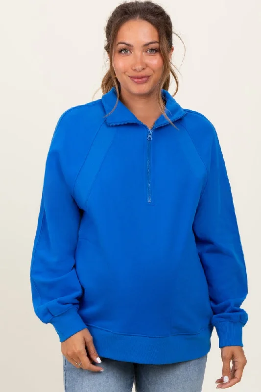 Blue Half Zip Contrast Rib Sweatshirt Maternity Top Hoodie with Crew Neck Simple Timeless