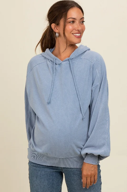 Blue Vintage Wash Oversized Maternity Drawstring Hoodie Hoodie with Metallic Shiny Futuristic